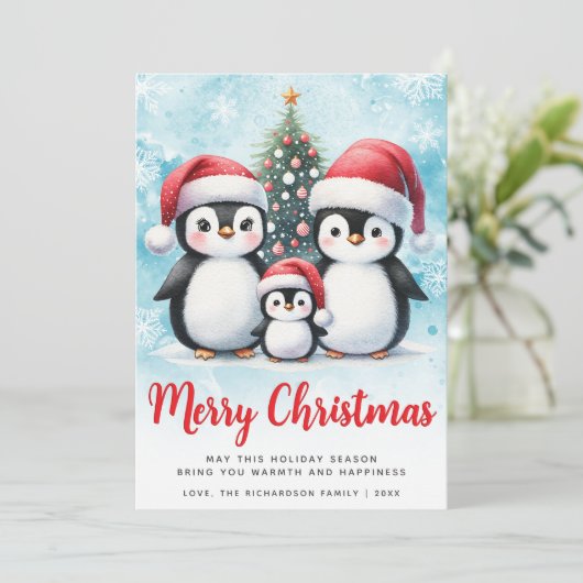 メリークリスマス赤と青かわいいペンギンの家族 シーズンカード (スタンド正面)