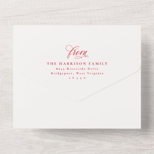 メリークリスマス赤の家族の更新3つ折りの休日 オールインワン招待状 (裏面)