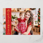 メリークリスマス赤の家族の金ゴールド 箔シーズンカード (正面)