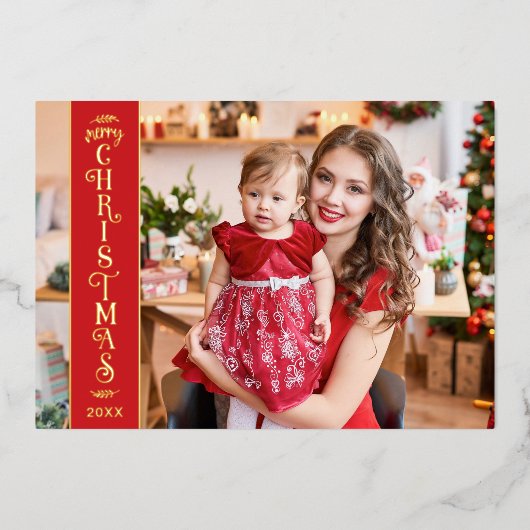 メリークリスマス赤の家族の金ゴールド 箔シーズンカード (正面)