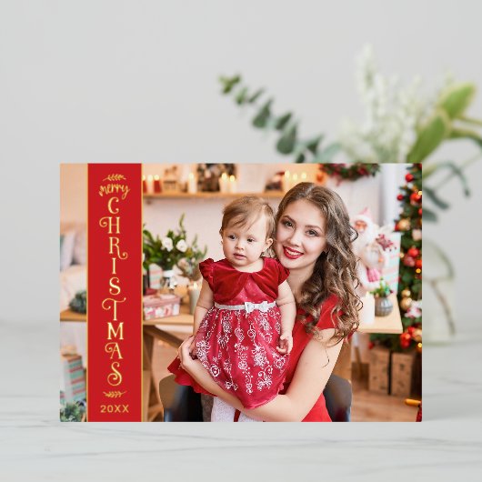 メリークリスマス赤の家族の金ゴールド 箔シーズンカード (立ち正面)