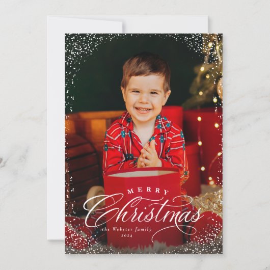 メリークリスマス赤エレガント4枚の写真の雪フレーム シーズンカード (正面)
