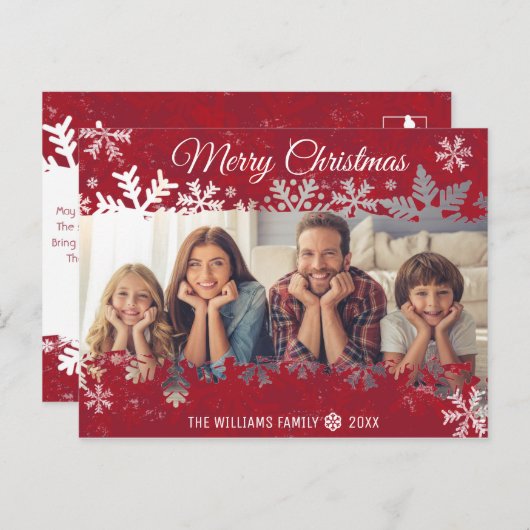 メリークリスマス赤スノーフレーク家族の写真希望 ポストカード (正面/裏面)