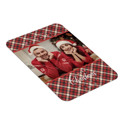メリークリスマス赤タータンチェック格子写真家族 マグネット (右側)