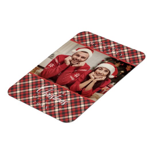 メリークリスマス赤タータンチェック格子写真家族 マグネット (左側)