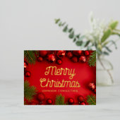 メリークリスマス赤モダンオーナメントとパイン 箔シーズンポストカード (立ち正面)
