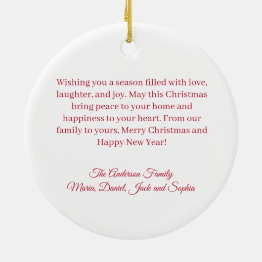 メリークリスマス赤モダン白の家族の挨拶 セラミックオーナメント (裏面)