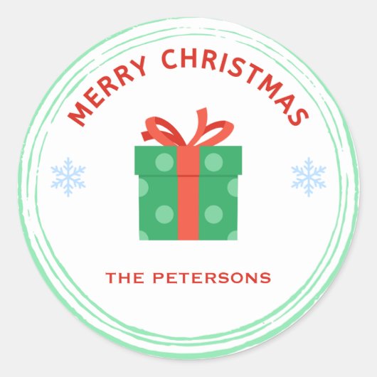 メリークリスマス赤文字ギフトボックス白 ラウンドシール (正面)