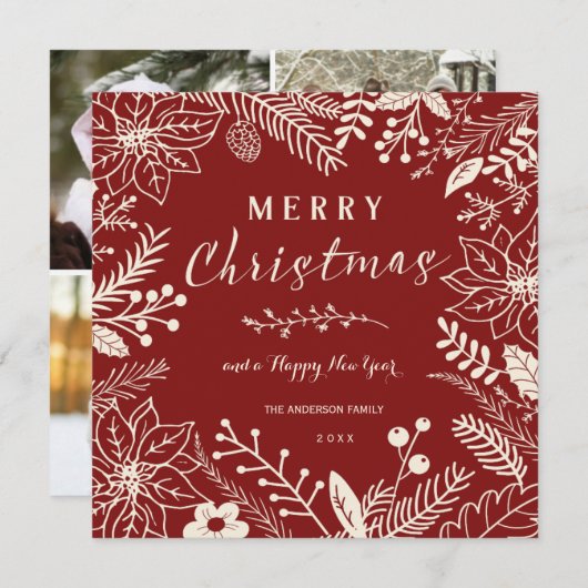 メリークリスマス赤植物スクエアフォトコラージュ シーズンカード (正面/裏面)