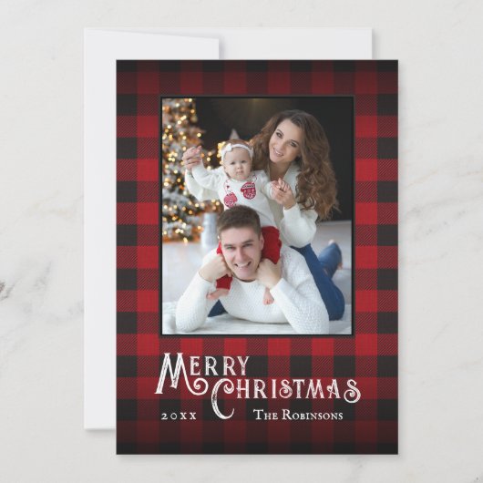 メリークリスマス赤素朴バッファローのプレイド写真 シーズンカード (正面)