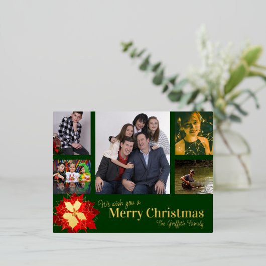 メリークリスマス赤5枚の写真レッドグリーンポインセチア 箔シーズンポストカード (立ち正面)