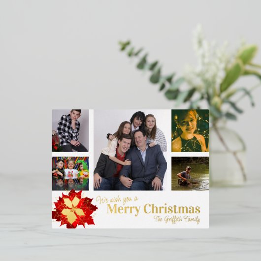 メリークリスマス赤5枚の写真レッドポインセチア 箔シーズンポストカード (立ち正面)