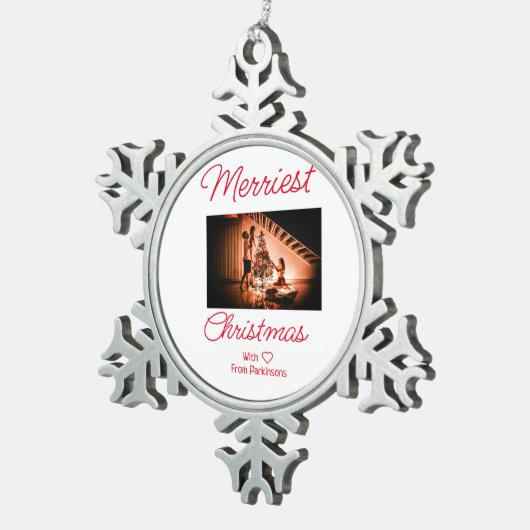 メリークリスマス追加ファミリー名photo red シンプルchristmas m スノーフレークピューターオーナメント (右)