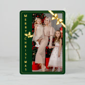 メリークリスマス金ゴールドと緑の家族の写真カード 箔シーズンカード (立ち正面)