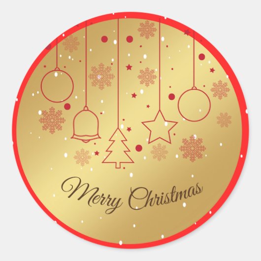 メリークリスマス金ゴールドと赤オーナメント ラウンドシール (正面)