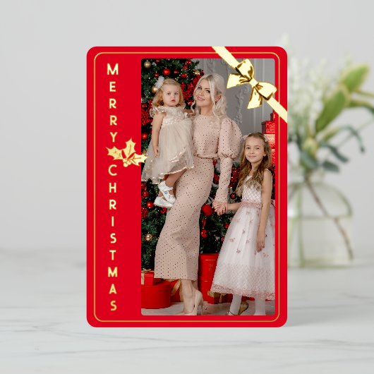 メリークリスマス金ゴールドと赤ファミリー写真カード 箔シーズンカード (立ち正面)