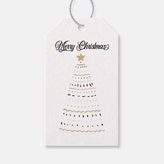 メリークリスマス金ゴールドと黒い様式化ツリー | ギフトタグ (正面)