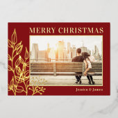 メリークリスマス金ゴールドの紅葉フォトレッド 箔シーズンカード (正面)