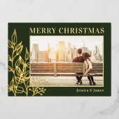 メリークリスマス金ゴールドの葉写真グリーン 箔シーズンカード (正面)