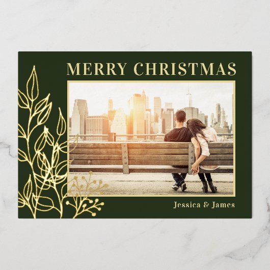 メリークリスマス金ゴールドの葉写真グリーン 箔シーズンカード (正面)
