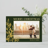 メリークリスマス金ゴールドの葉写真グリーン 箔シーズンカード (立ち正面)