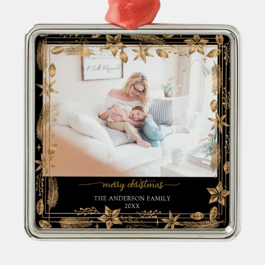 メリークリスマス金ゴールドアーチブラックエレガント写真 メタルオーナメント (正面)