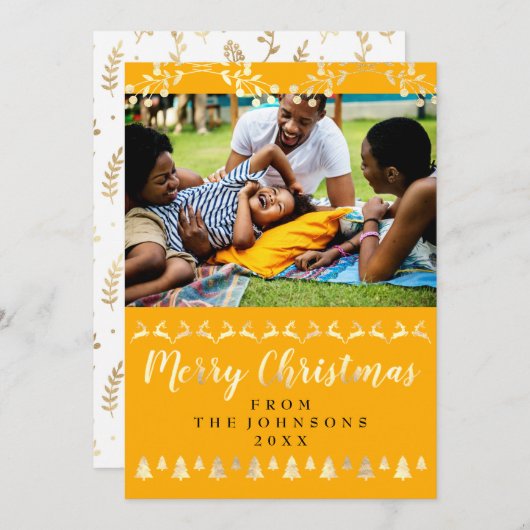 メリークリスマス金ゴールドイエローファミリー写真が幸せ シーズンカード (正面/裏面)