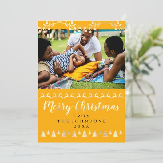 メリークリスマス金ゴールドイエローファミリー写真が幸せ シーズンカード (スタンド正面)