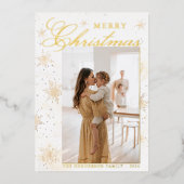 メリークリスマス金ゴールドウォーターカラースノーフレークカスタム 箔シーズンカード (正面)