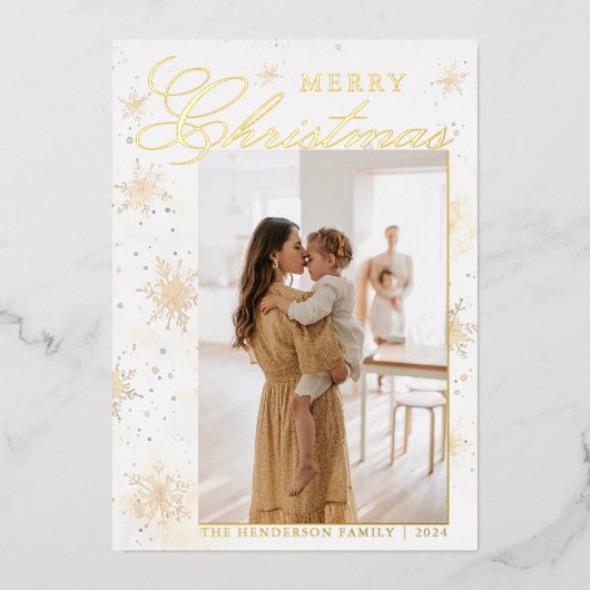 メリークリスマス金ゴールドウォーターカラースノーフレークカスタム 箔シーズンカード (正面)