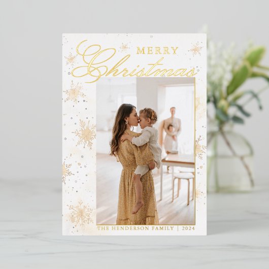 メリークリスマス金ゴールドウォーターカラースノーフレークカスタム 箔シーズンカード (立ち正面)