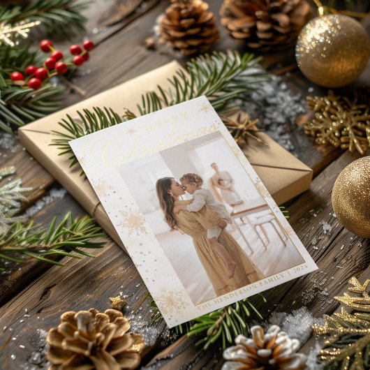 メリークリスマス金ゴールドウォーターカラースノーフレークカスタム 箔シーズンカード