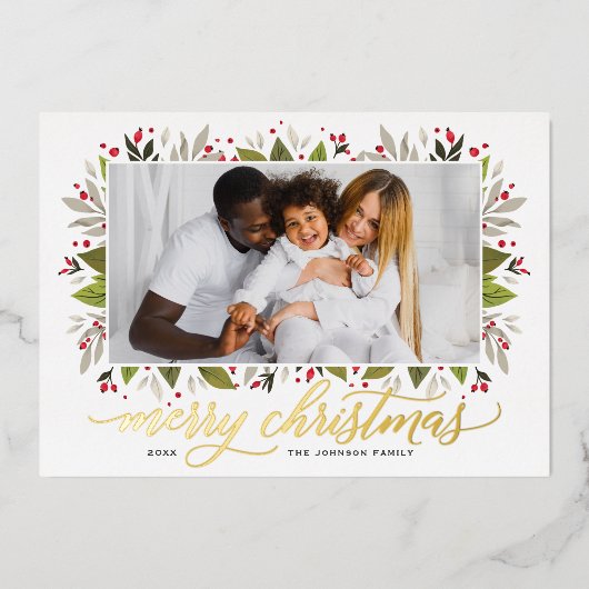メリークリスマス金ゴールドエレガントスクリプト緑の写真 箔シーズンカード (正面)