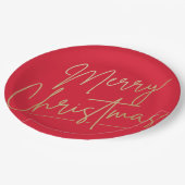 メリークリスマス金ゴールドオン赤 ペーパープレート (アングル)