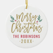メリークリスマス金ゴールドカスタムスクリプト家族の写真 セラミックオーナメント (正面)