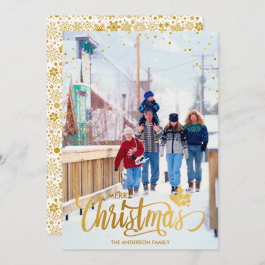 メリークリスマス金ゴールドカスタムファミリーフォトカード シーズンカード (正面/裏面)