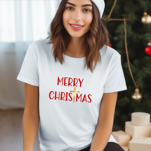 メリークリスマス金ゴールドクロス信仰白 Tシャツ