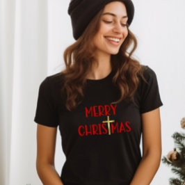 メリークリスマス金ゴールドクロス信仰黒 Tシャツ