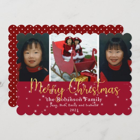 メリークリスマス金ゴールドグリッターとスター3写真 シーズンカード (正面/裏面)