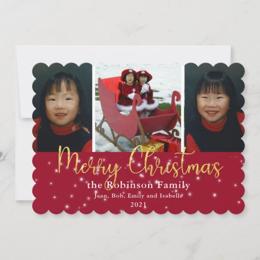 メリークリスマス金ゴールドグリッターとスター3写真 シーズンカード (正面)