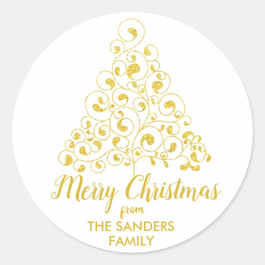 メリークリスマス金ゴールドグリッタークリスマスツリー ラウンドシール (正面)