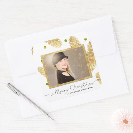 メリークリスマス金ゴールドグリッタースクリプト写真シール スクエアシール (封筒)
