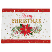 メリークリスマス金ゴールドグリッターポインセチア ラージペーパーバッグ (正面)