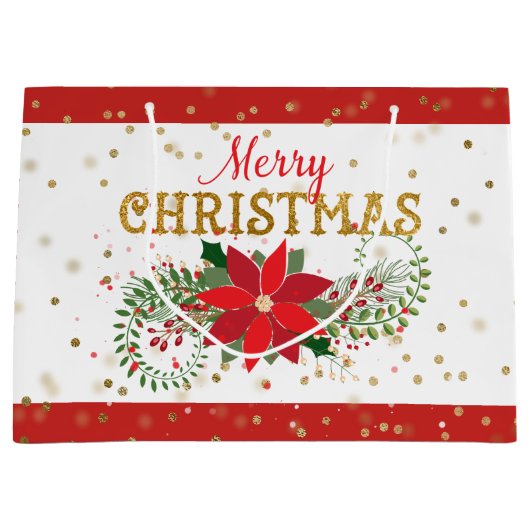 メリークリスマス金ゴールドグリッターポインセチア ラージペーパーバッグ (正面)