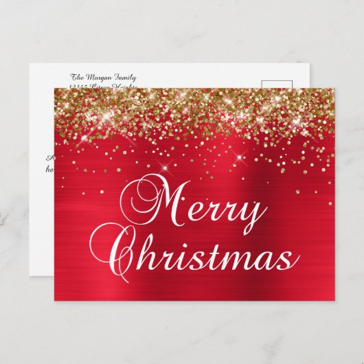 メリークリスマス金ゴールドグリッターレッドフォイル シーズンポストカード (正面/裏面)