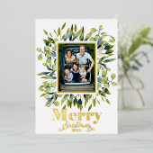 メリークリスマス金ゴールドグリーンブルーの葉写真 箔シーズンカード (立ち正面)