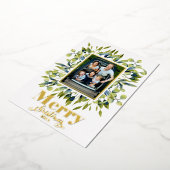 メリークリスマス金ゴールドグリーンブルーの葉写真 箔シーズンカード (回転した状態)