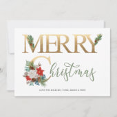 メリークリスマス金ゴールドグリーンポインセチア&パイン シーズンカード (正面)