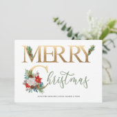メリークリスマス金ゴールドグリーンポインセチア&パイン シーズンカード (スタンド正面)