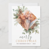 メリークリスマス金ゴールドグリーンリーフォトホリデー シーズンカード (正面)